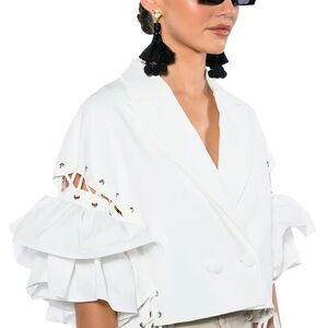 Akira White Ruffled Crop Blazer